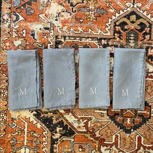 Williams Sonoma Italian Washed Linen Napkins Set of 4 Dusty Blue - “M” Monogram